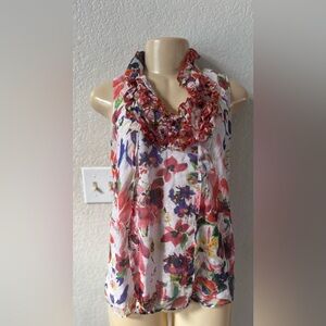 Vintage Forever 21 Floral Ruffle Neck Blouse - Red and Purple 2000s y2k